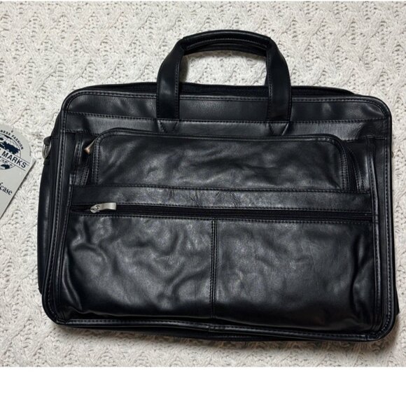 Leather attache briefcase Expandable messenger bag with handle & shoulder strap - Picture 1 of 15